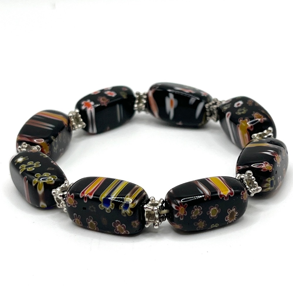 Millefiori Glass Beads Stretch Bracelet Black with Multicolor Floral Design 6.5" - Picture 2 of 7